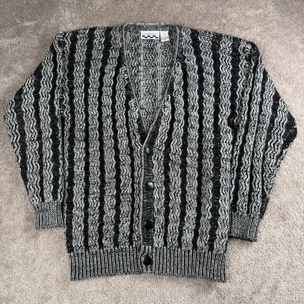 Vintage Essentiels Womens Size P/S Black Gray Textured Knit Cardigan 90s Grunge